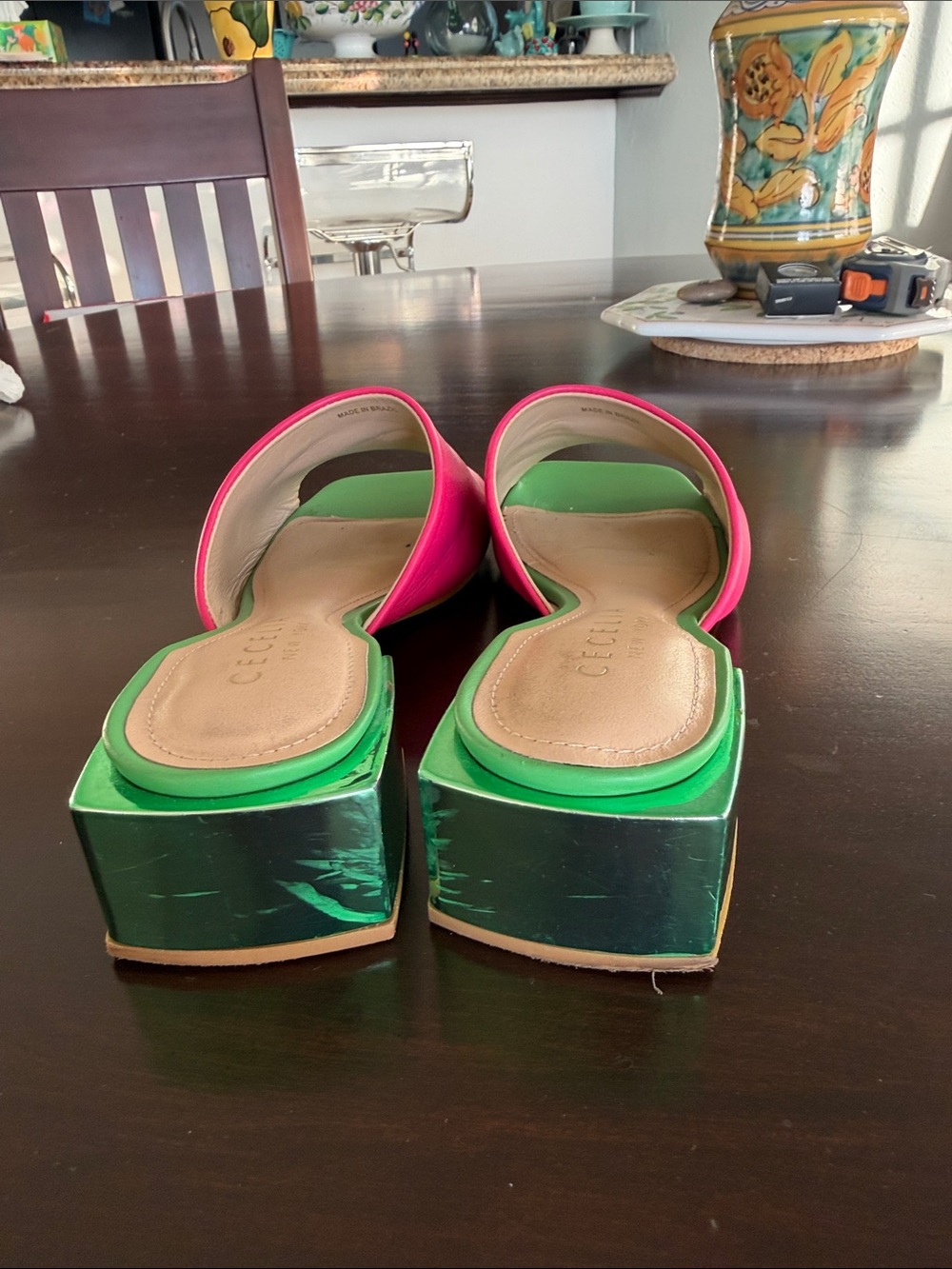 CECELIA NEW YORK Hot Pink and Green Leather Slide Mules - Picture 4 of 9